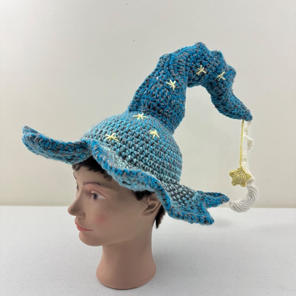 Handmade Crochet Moon & Star Bent Witch Hat glowing